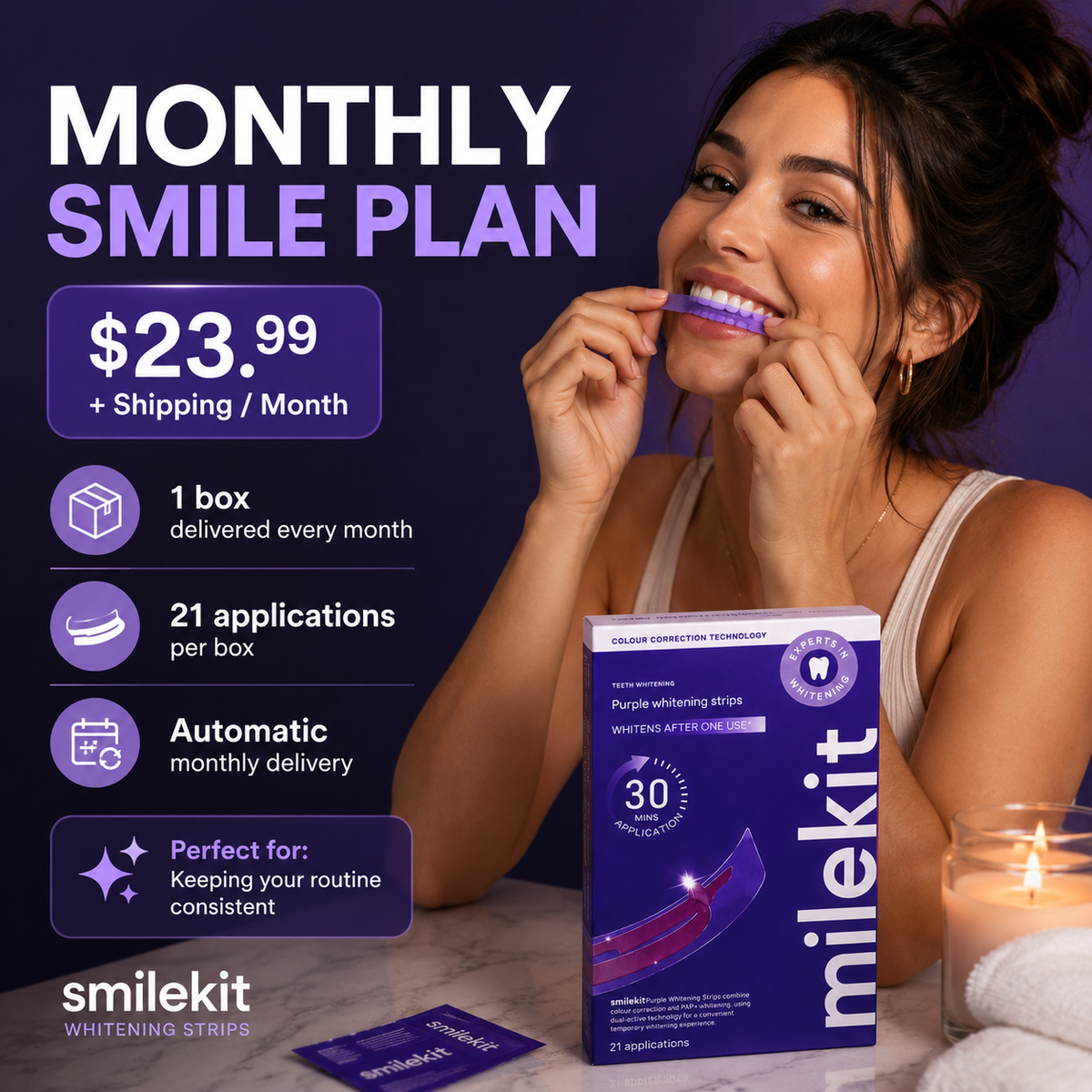 Purple Teeth Whitening Strips — 21 Applications Per Box